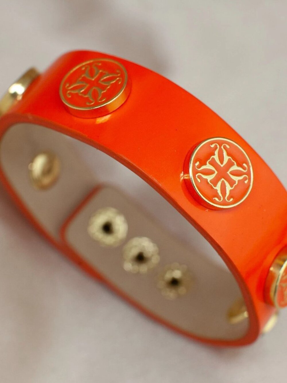 Rustic Cuff Orange Leather Snap Bracelet Gold Medallion Boho Festival Stackable